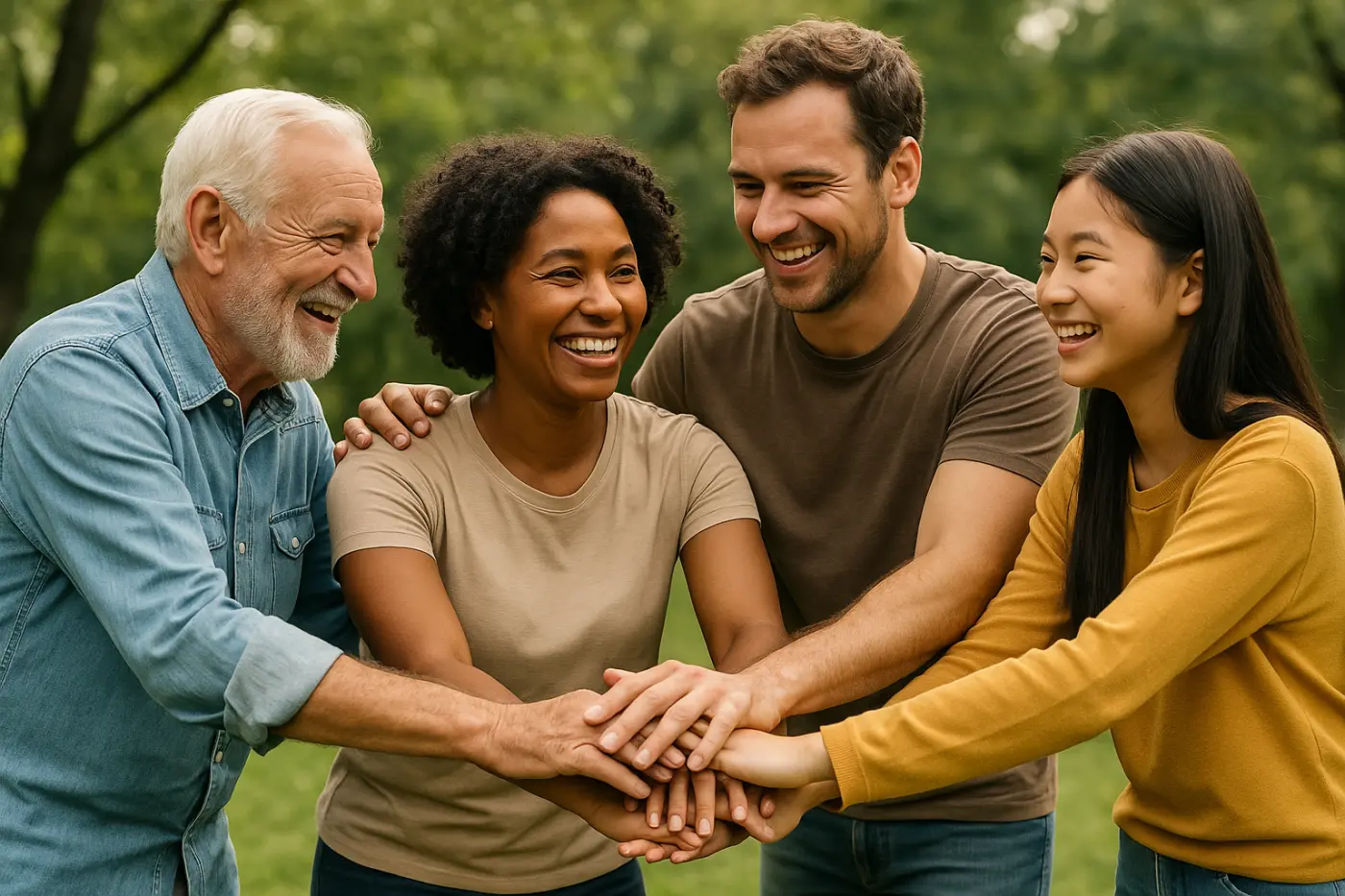 vier mensen met de handen op elkaar
